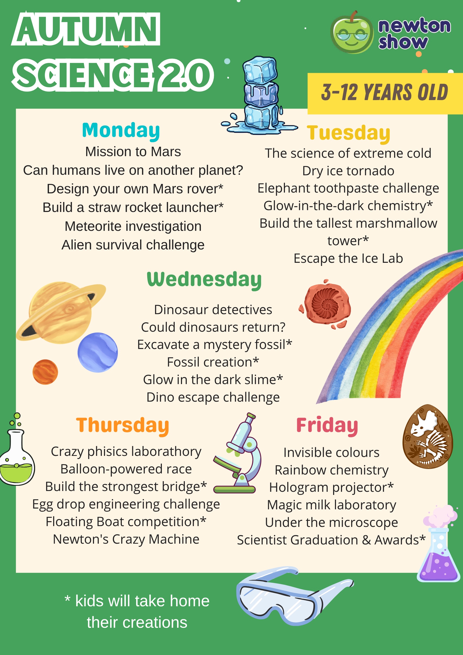 Autumn Science 2.0 camp leaflet — the five daily themes and experiments for Newtonshow Hong Kong Autumn Camp 2026