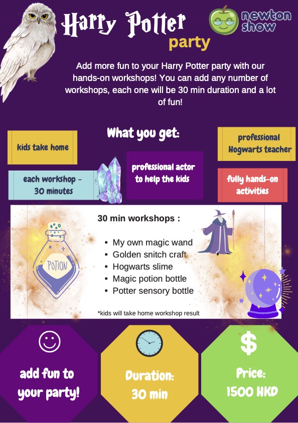 Wizard science birthday party leaflet — page 2