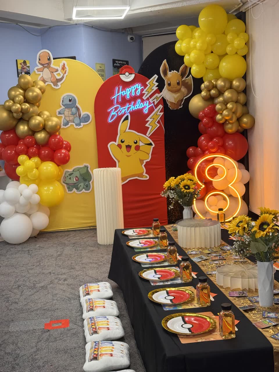 Pokémon-themed birthday party backdrop and dessert table at a Newtonshow Hong Kong party