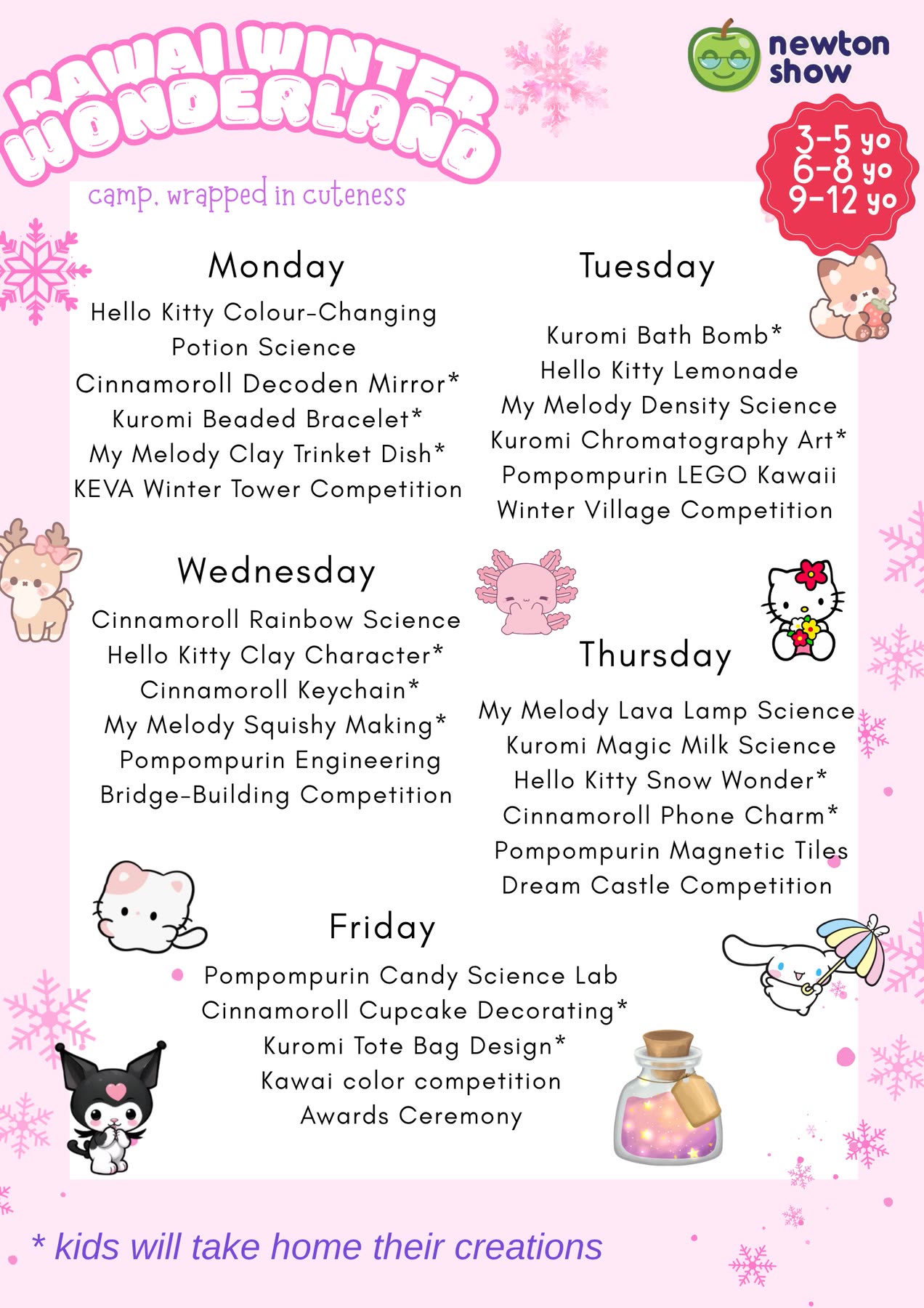 Kawaii Winter Wonderland camp leaflet — daily activities for Newtonshow Hong Kong Winter 2026/27