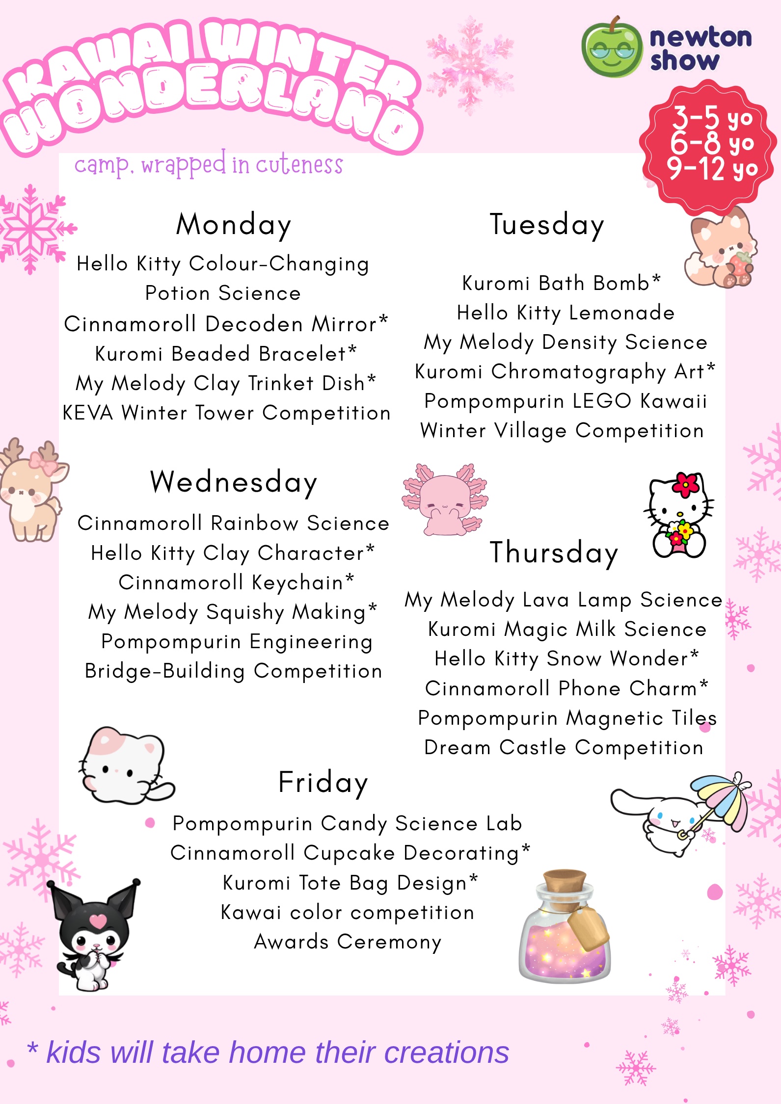 Kawaii Winter Wonderland camp leaflet — daily activities for Newtonshow Hong Kong Winter 2026/27