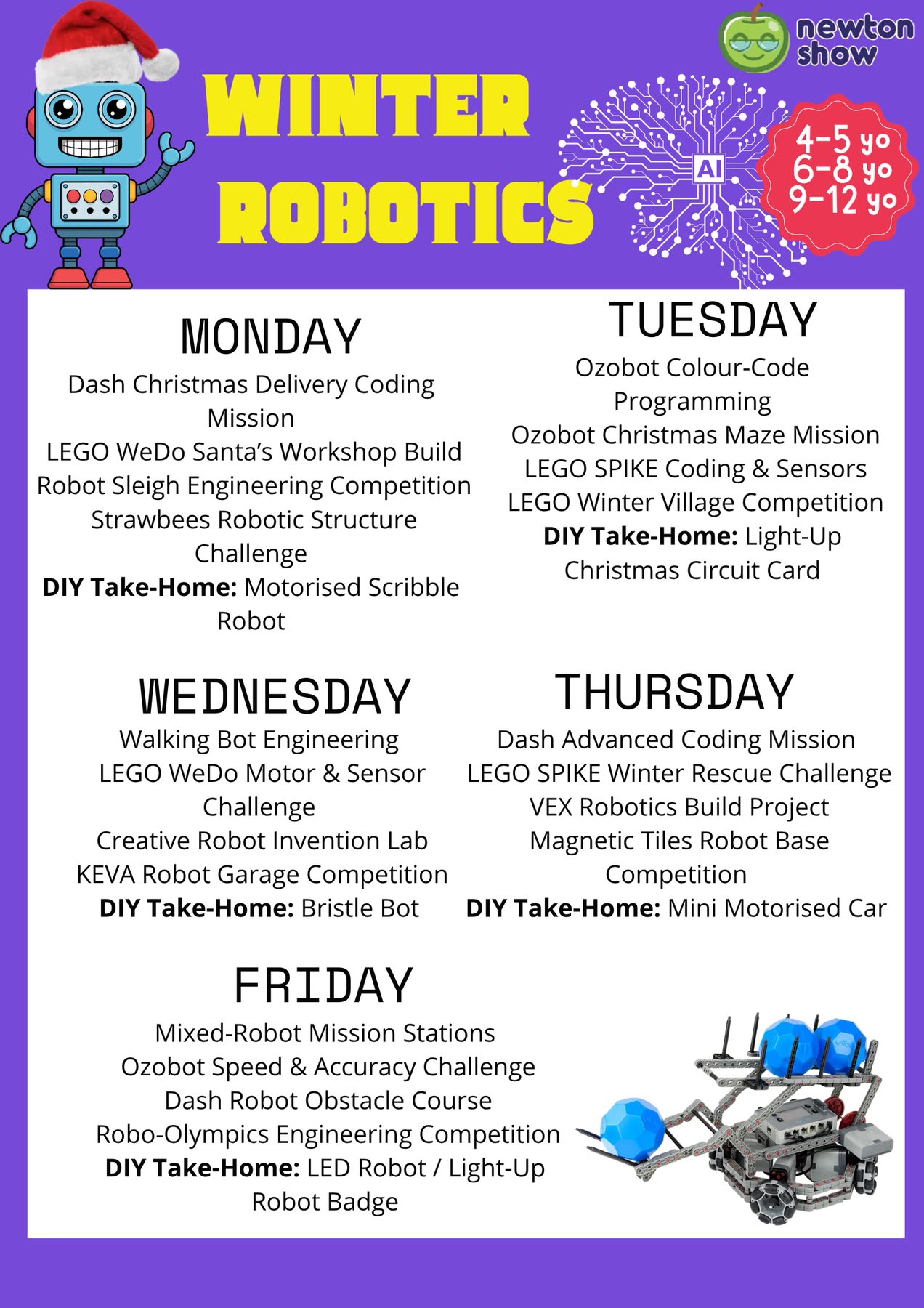Winter Robotics camp leaflet — daily robotics and coding missions for Newtonshow Hong Kong Winter 2026/27