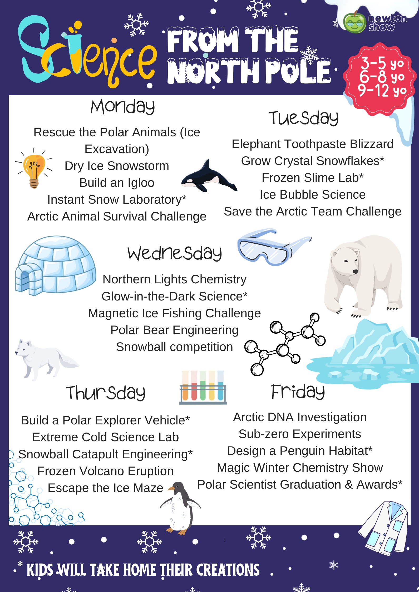 Science from the North Pole winter camp leaflet — daily experiments for Newtonshow Hong Kong Winter 2026/27